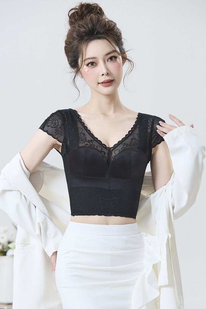 美容院同款美体塑身美背v领蕾丝内搭女提花紧身收腹带袖内搭外穿