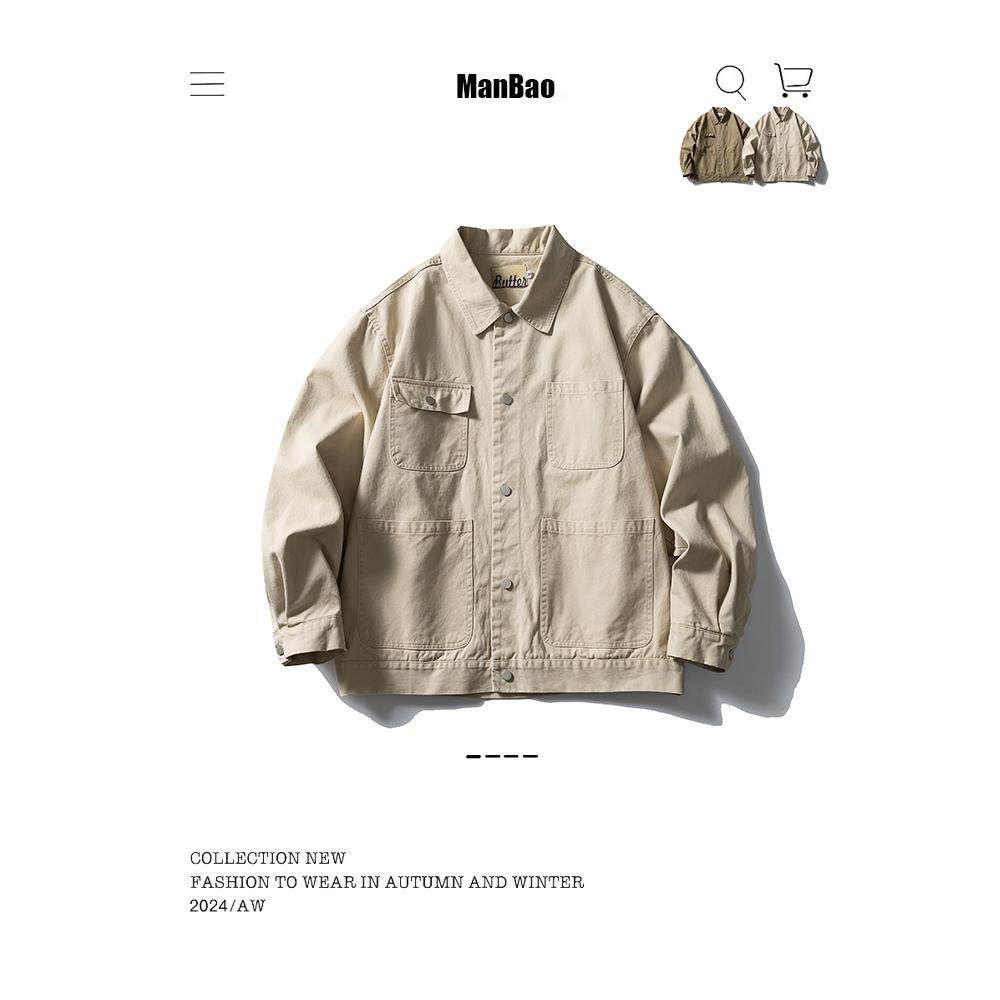 ManBao复古棉质翻领四袋工装夹克宽松休闲百搭廓形外套春季新品潮