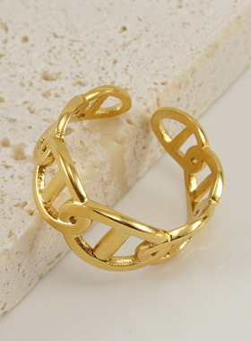 跨境欧美时尚简约几何型开口钛钢戒指 镀18k金不锈钢指环饰品