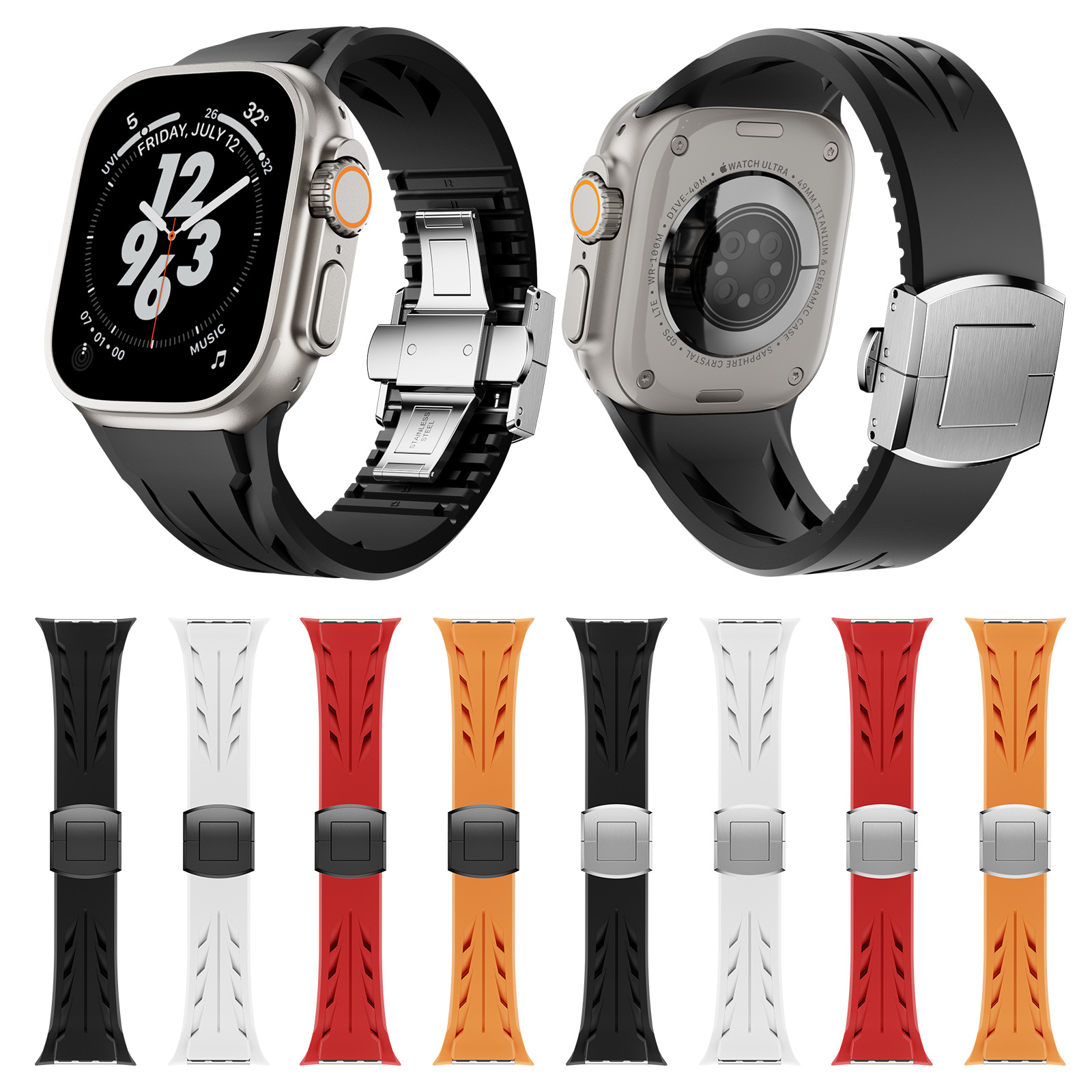 适用苹果手表Apple Watch12345678910Ultra1/2不锈钢扣硅胶手表带