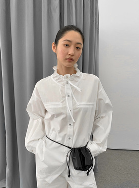 evertrue 衬衫女秋季新款韩版宽松感荷叶领白色上衣衬衣92303