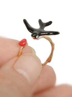 好真美流行饰品滴油开口小燕子戒指可调节红心戒指圈珐琅彩绘手饰