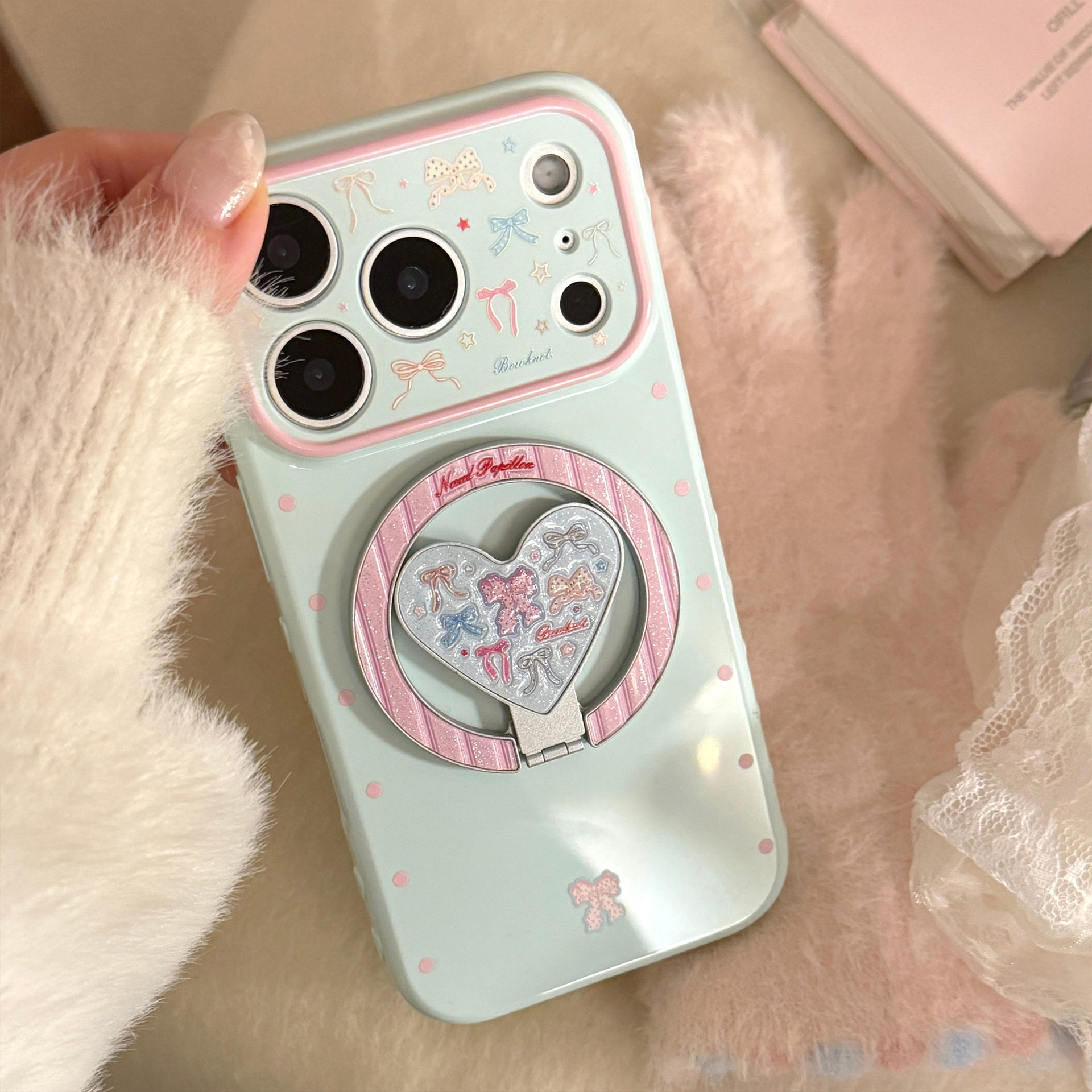 简约小清新蓝色爱心蝴蝶结磁吸支架适用苹果17promax手机壳iPhone16pro少女心15高颜值14个性小众13全包12软