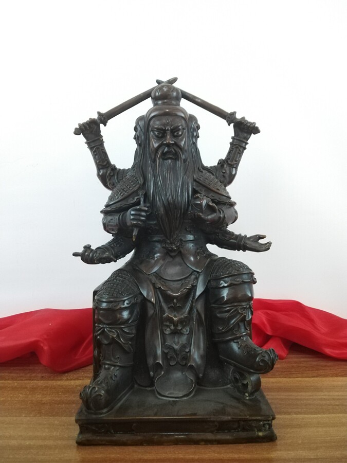 铜三头六臂祝融火王爷铜像火德真君神像火神爷摆件家居供奉铜像