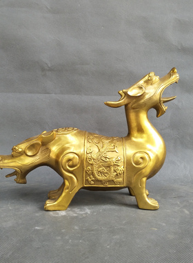 双头兽貔貅神兽黄铜招财客厅摆件