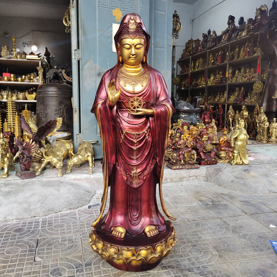 特大号铜观音神像摆件莲花法轮站相高1.2米南无观世音菩萨风水铜
