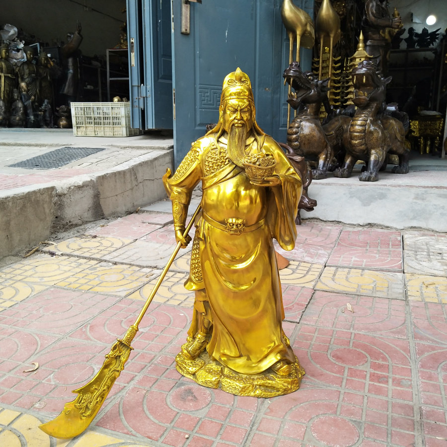 关公财神铜像摆件托元宝托宝关二爷聚宝盆武财神横刀站像高80公分