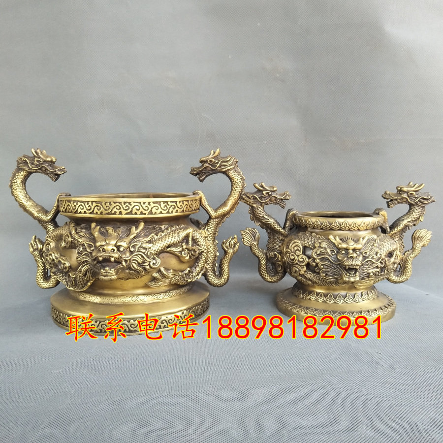铜龙香炉摆件双龙圆香炉家居佛堂用品佛前香炉书房装饰中式工艺品