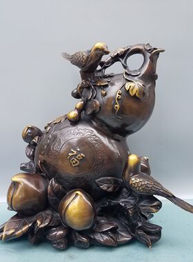 铜喜鹊寿桃葫芦摆件大号招财家居