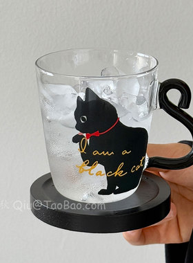 创意ins可爱卡通猫咪杯玻璃杯带把手情侣水杯牛奶杯拿铁杯咖啡杯