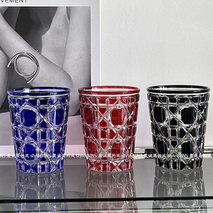 复古轻奢风小众手作藤格纹洋酒杯高级感水晶杯家用水杯茶杯牛奶杯