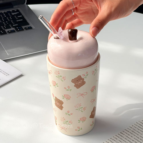 萌趣小熊蝴蝶结陶瓷杯吸管杯子