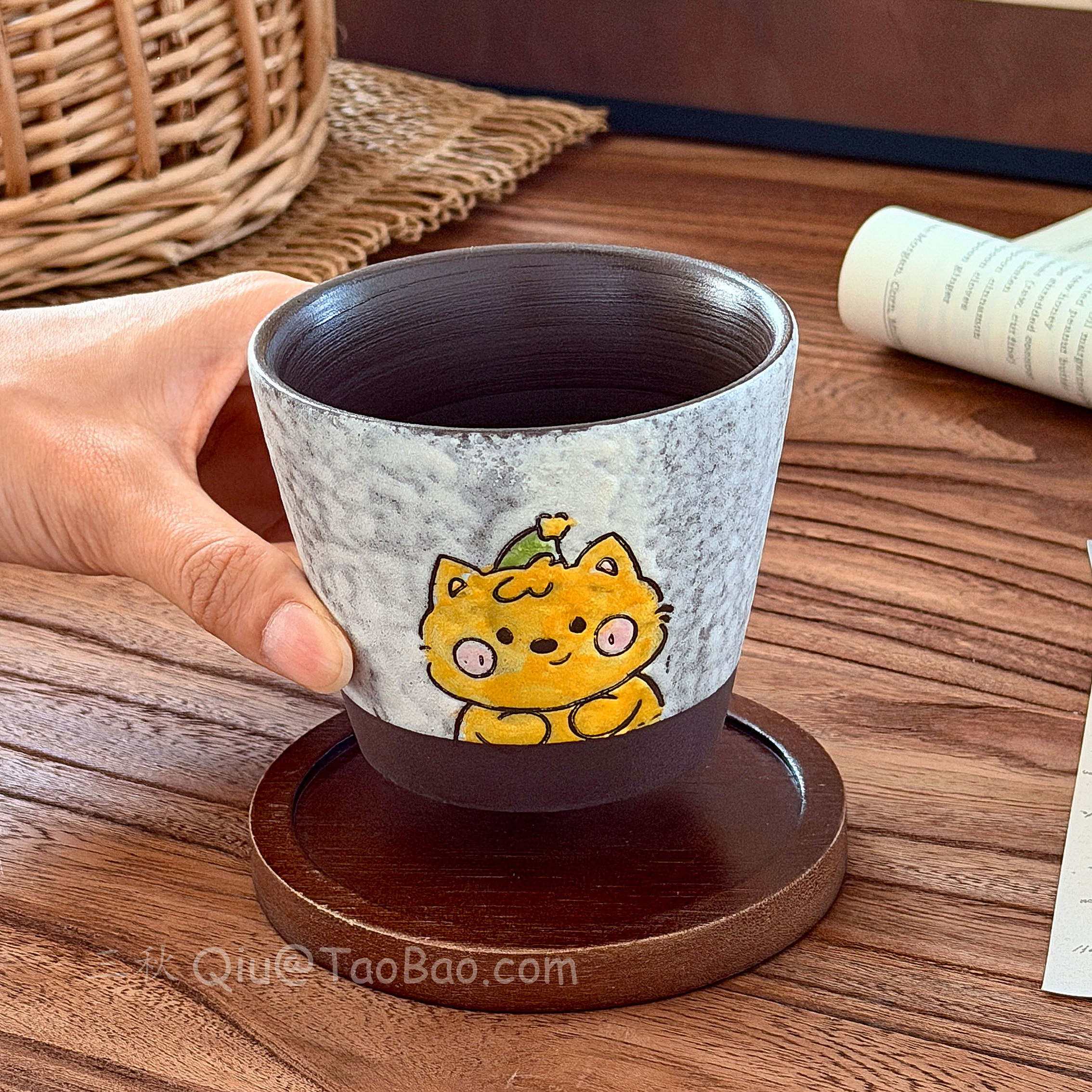 复古手作岩绘粗陶慵懒小猫手握杯水杯景德镇咖啡杯拉花拿铁杯礼物