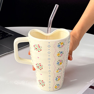 法式手作春日蕾丝花团陶瓷马克杯大容量水杯牛奶杯咖啡杯伴手礼物