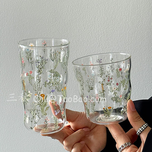 Sanq小众ins风清新小草苓云朵玻璃杯耐热水杯牛奶杯咖啡杯饮品杯