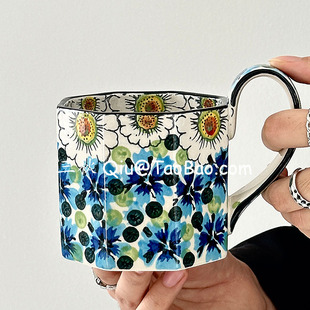 三秋Sanq限定复古手绘蓝浆果马克杯陶瓷水杯咖啡杯子小众原创礼物