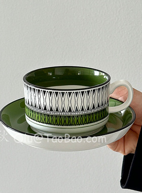 三秋Sanq复古绿色手作木槿咖啡杯碟拉花拿铁杯下午茶水杯小众礼物