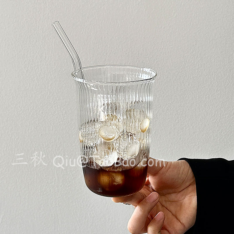 复古竖纹冰拿铁咖啡杯玻璃冷饮杯