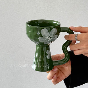 Sanq复古橄榄绿雾花手作杯vintage中古高脚杯陶瓷马克杯咖啡杯子