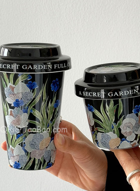 Sanq复古黑色鸢尾花陶瓷杯手握带盖大容量水杯茶杯拿铁咖啡杯礼物