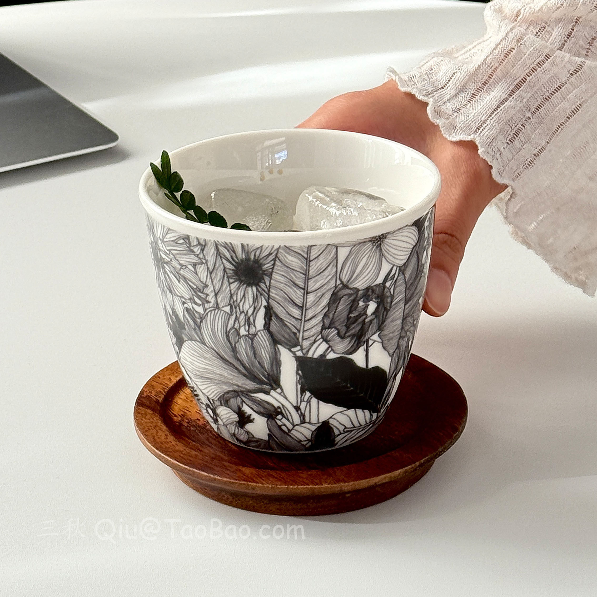 复古水墨黑繁花陶瓷手握杯马克杯水杯咖啡杯日式拉花拿铁杯子礼物