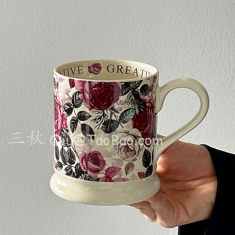 三秋Sanq复古油画般多古玫瑰马克杯陶瓷水杯高级感咖啡杯轻奢礼物