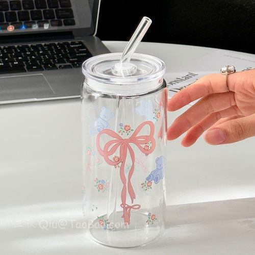 卡通可爱小熊蝴蝶结玻璃吸管杯