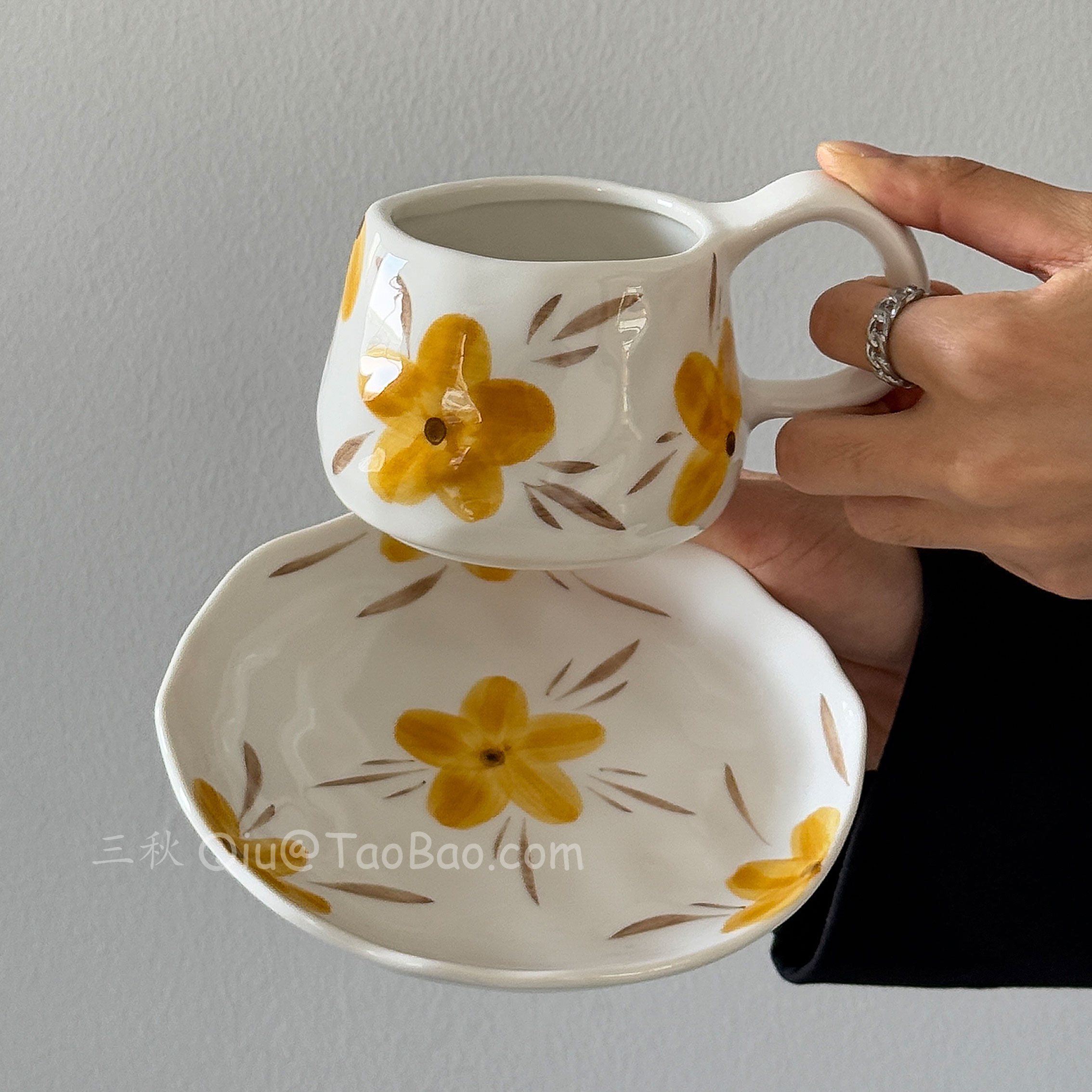 Sanq中古风手绘秋意黄花咖啡杯碟拉花拿铁杯子下午茶水杯伴手礼物