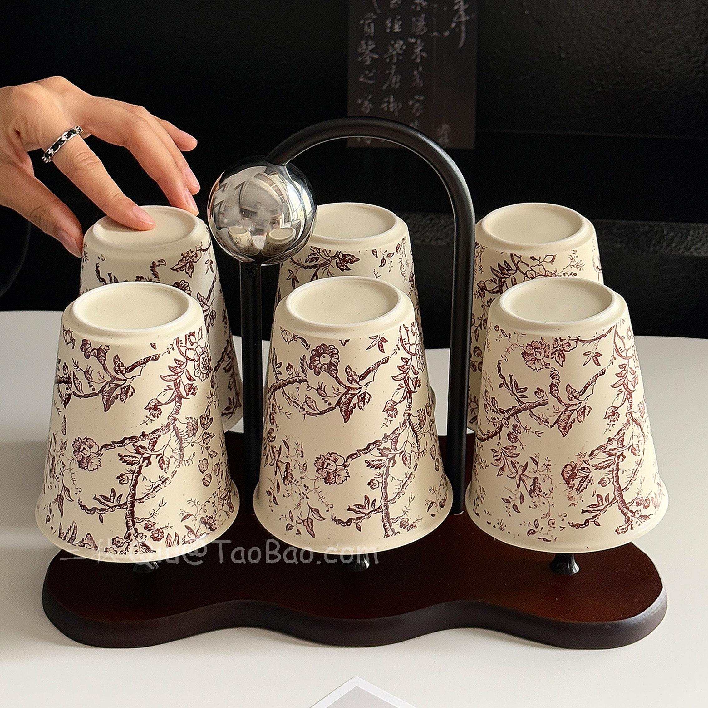 中古风棕花藤蔓陶瓷杯子家用茶杯水壶套装喝水杯客厅家庭待客杯具