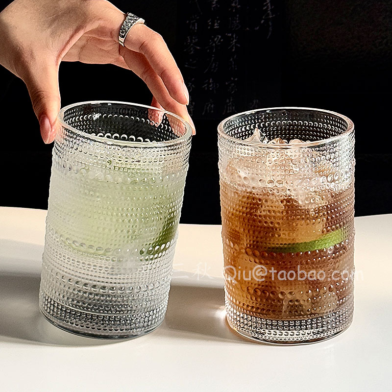 复古浮雕珠点玻璃杯大容量水杯