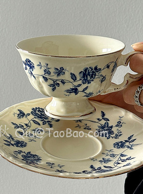 三秋Sanq法式复古青花瓷咖啡杯碟中古风下午茶水杯拿铁杯小众礼物