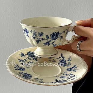 三秋Sanq法式复古青花瓷咖啡杯碟中古风下午茶水杯拿铁杯小众礼物