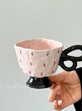 Sanq复古手作粉色碎花蝴蝶把手中古马克杯水杯陶瓷咖啡杯小众礼物