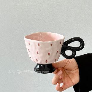 Sanq复古手作粉色碎花蝴蝶把手中古马克杯水杯陶瓷咖啡杯小众礼物