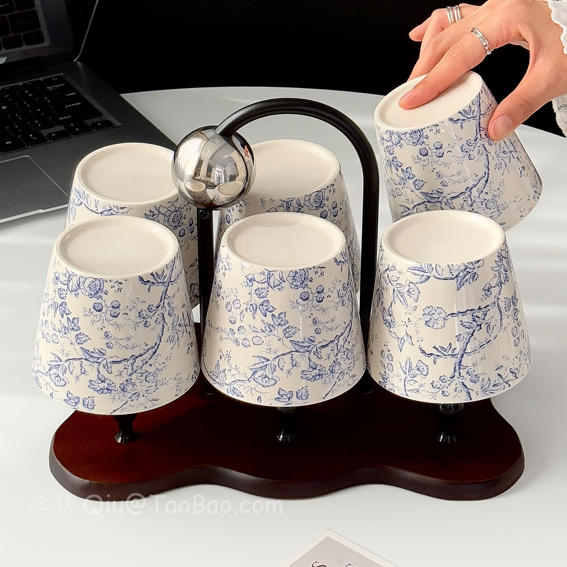 新中式复古青花藤蔓陶瓷杯家用咖啡杯茶杯套装喝水杯客厅待客杯具