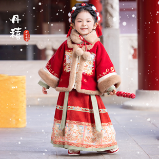 女童汉服拜年服冬装中国风新年明制套装加厚绒红色喜庆两件套唐装