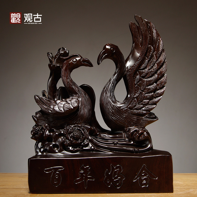 黑檀木雕百年好合天鹅摆件是家居客厅电视柜样板间装饰结婚送礼品