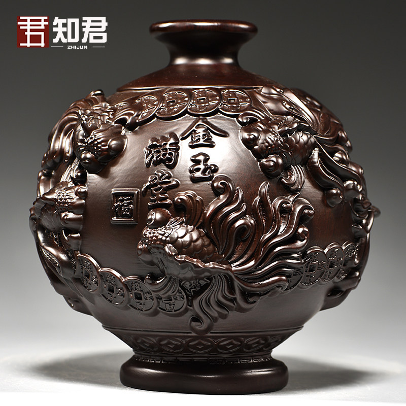 黑檀木雕金玉满堂花瓶摆件年年有鱼客厅插花装饰家居实木质工艺品