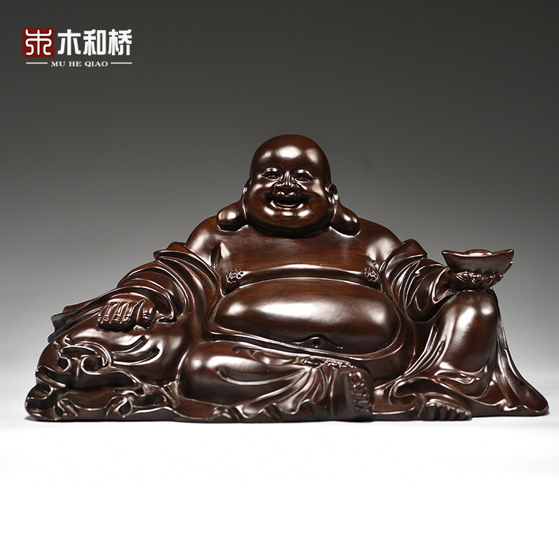 黑檀木木雕弥勒佛像摆件实木元宝布袋坐笑佛红木工艺品玄关装饰品