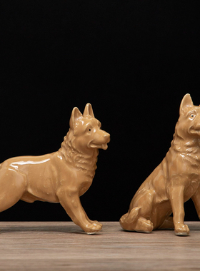 土黄陶瓷牧羊犬立体摆件送礼