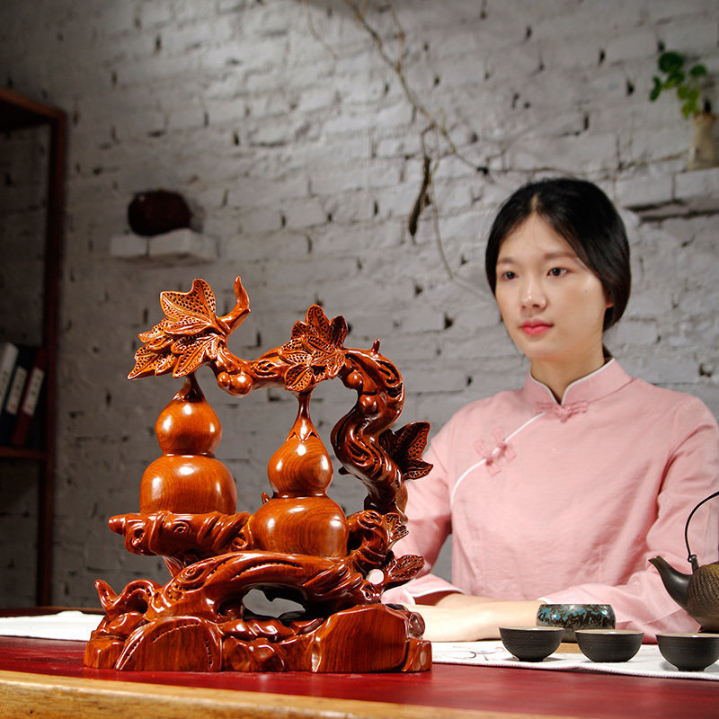 花梨木雕刻福禄双全吉祥葫芦摆件家居客厅装饰红木工艺品开业礼品图片