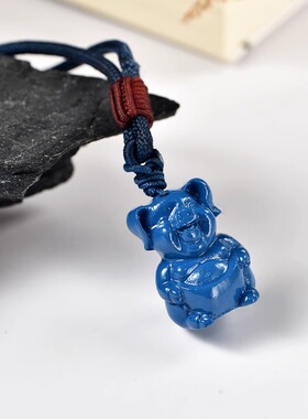 蓝色木雕猪吊坠挂件实木十二生肖木头猪吉祥物挂件木质装饰工艺品
