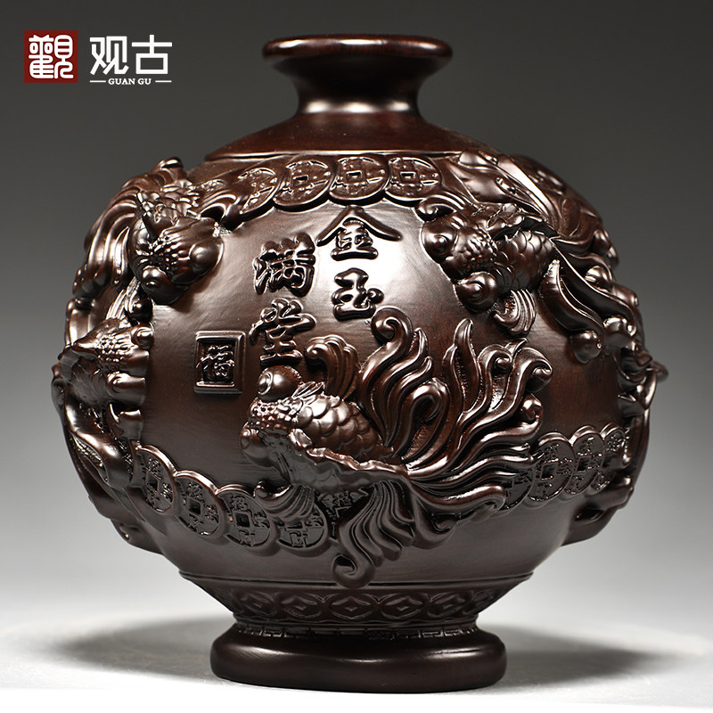 黑檀木雕金玉满堂花瓶摆件年年有鱼客厅插花装饰家居实木质工艺品