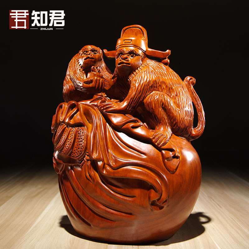 花梨木质代代封侯雕刻生肖猴子摆件家居客厅玄关办公室装饰工艺品