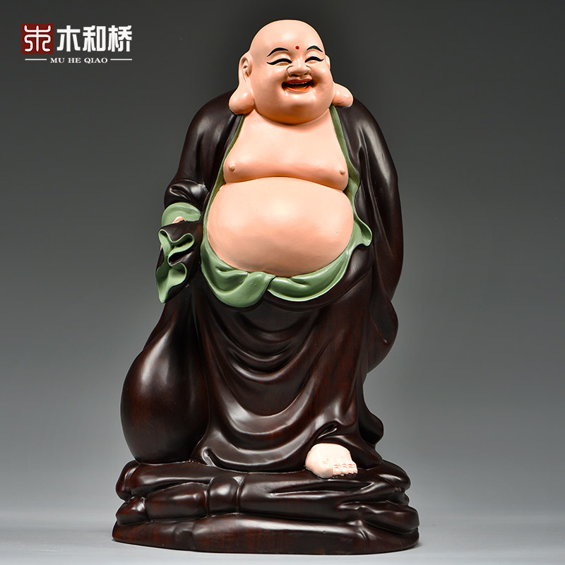 木雕刻弥勒佛像摆件彩绘实木笑佛客厅玄关装饰工艺品开业乔迁送礼