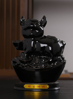 黑色陶瓷小猪摆件吉祥物化解补角