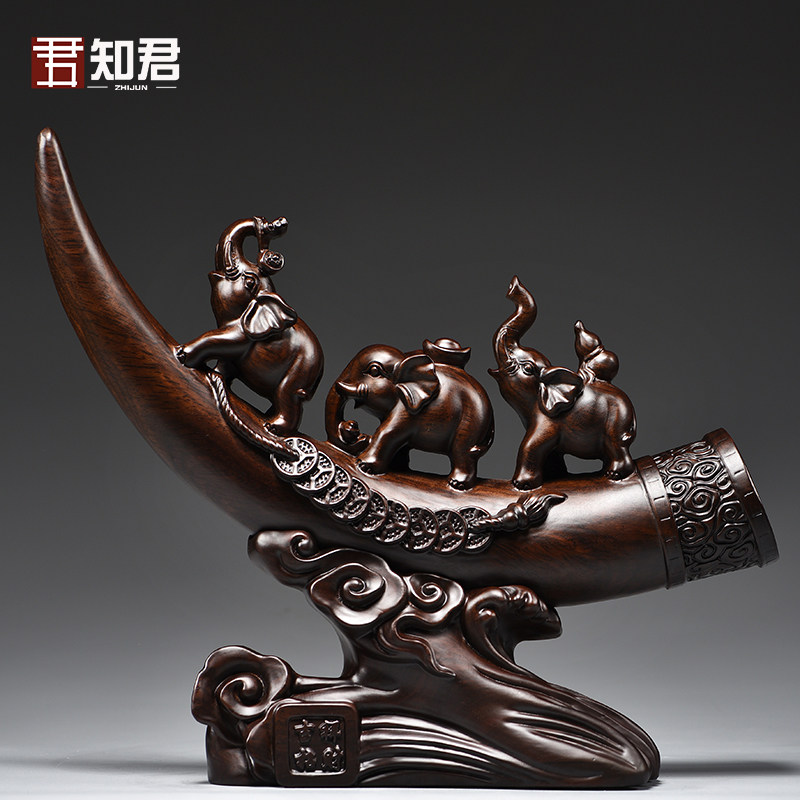 黑檀木雕三只小象牙摆件实木吉祥三宝中式家居装饰客厅送礼工艺品