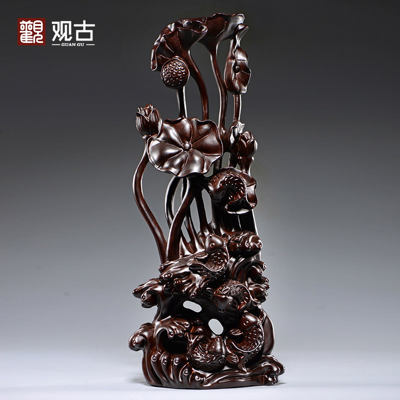 黑檀木雕年年有鱼摆件大号根雕客厅电视柜落地公司装饰红木工艺品