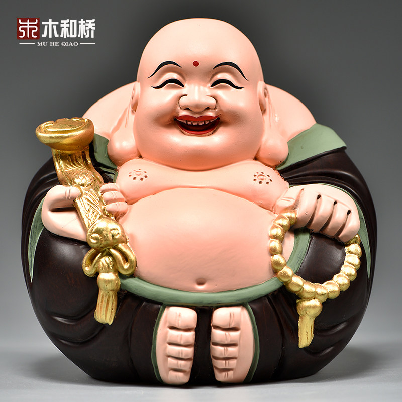 彩绘木雕弥勒佛像摆件家用坐笑佛玄关客厅装饰工艺品开业乔迁送礼