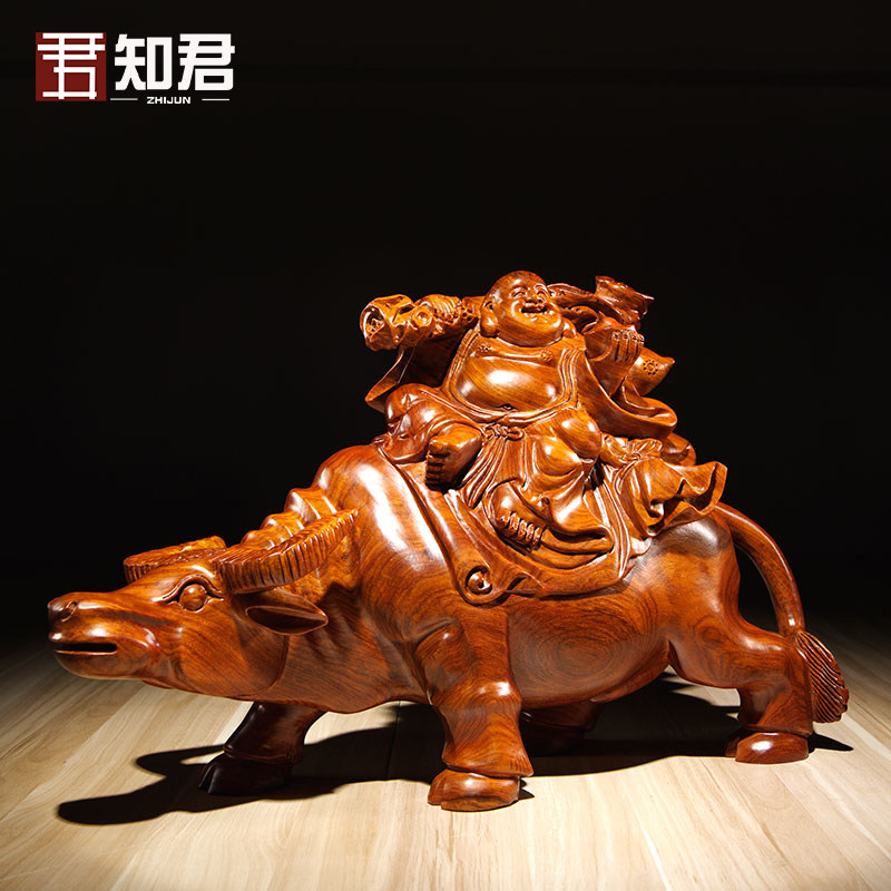 花梨木雕骑牛弥勒佛像摆件扭转乾坤坐笑佛家居玄关装饰红木工艺品